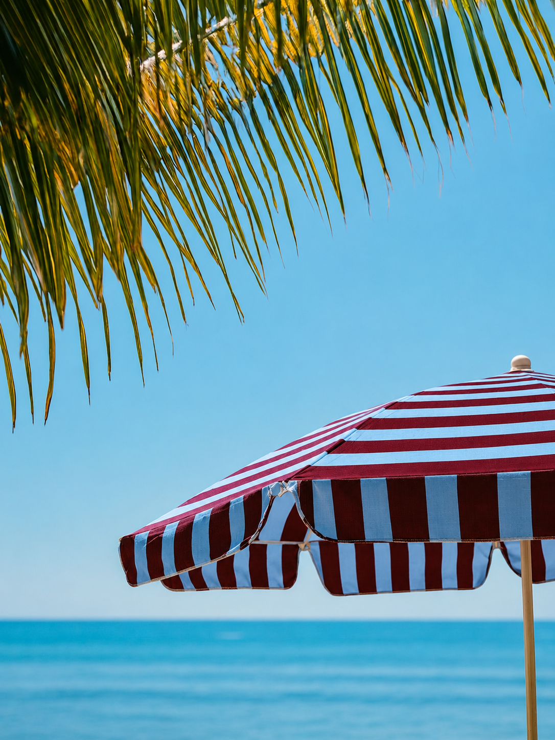 Striped beach umbrella under a palm frond by the ocean